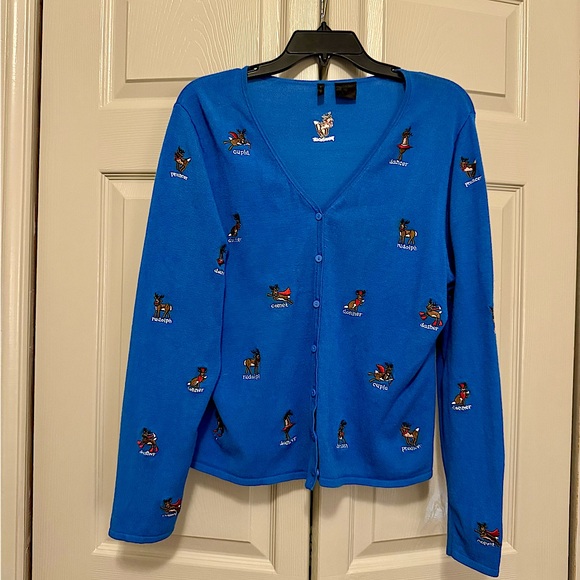 Etoile Sweaters - Etoile Bight Blue Reindeer Embroidery Christmas Holiday Cardigan Sweater